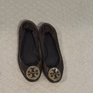 Tory Burch Dark Brown Flats with Gold Logo